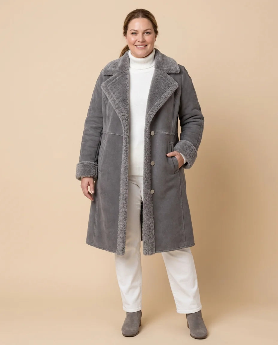 Plush Lapel Long Coat worn by a woman with curves