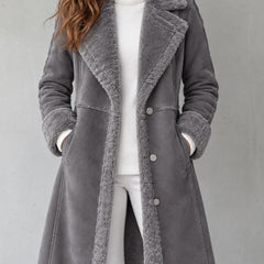 Plush Lapel Long Coat in Gray