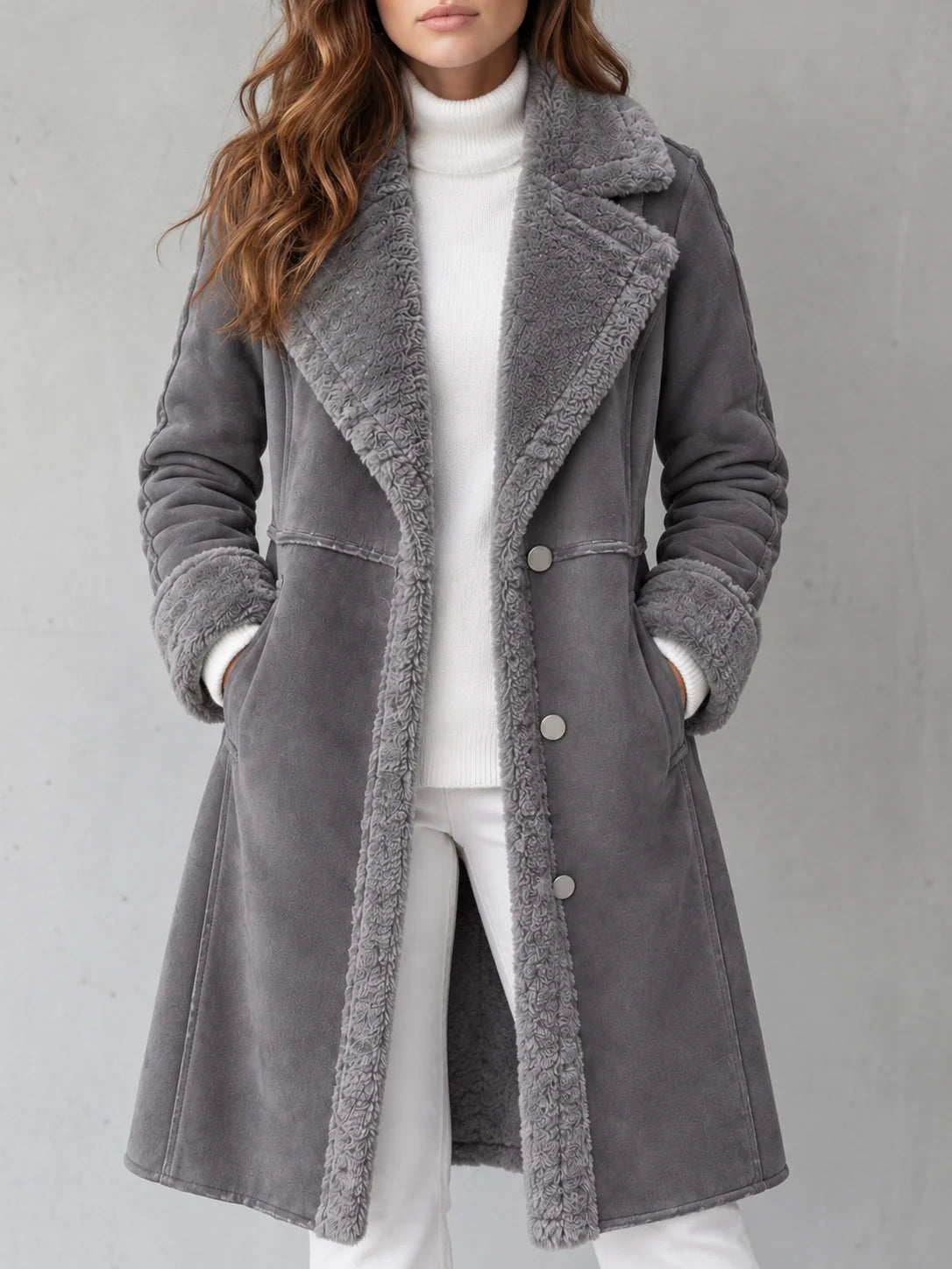 Plush Lapel Long Coat in Gray