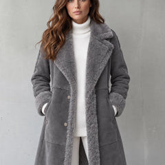 Plush Lapel Long Coat in Gray