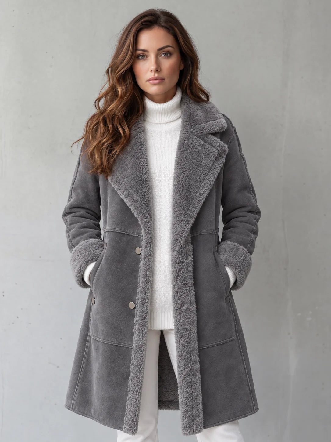 Plush Lapel Long Coat in Gray