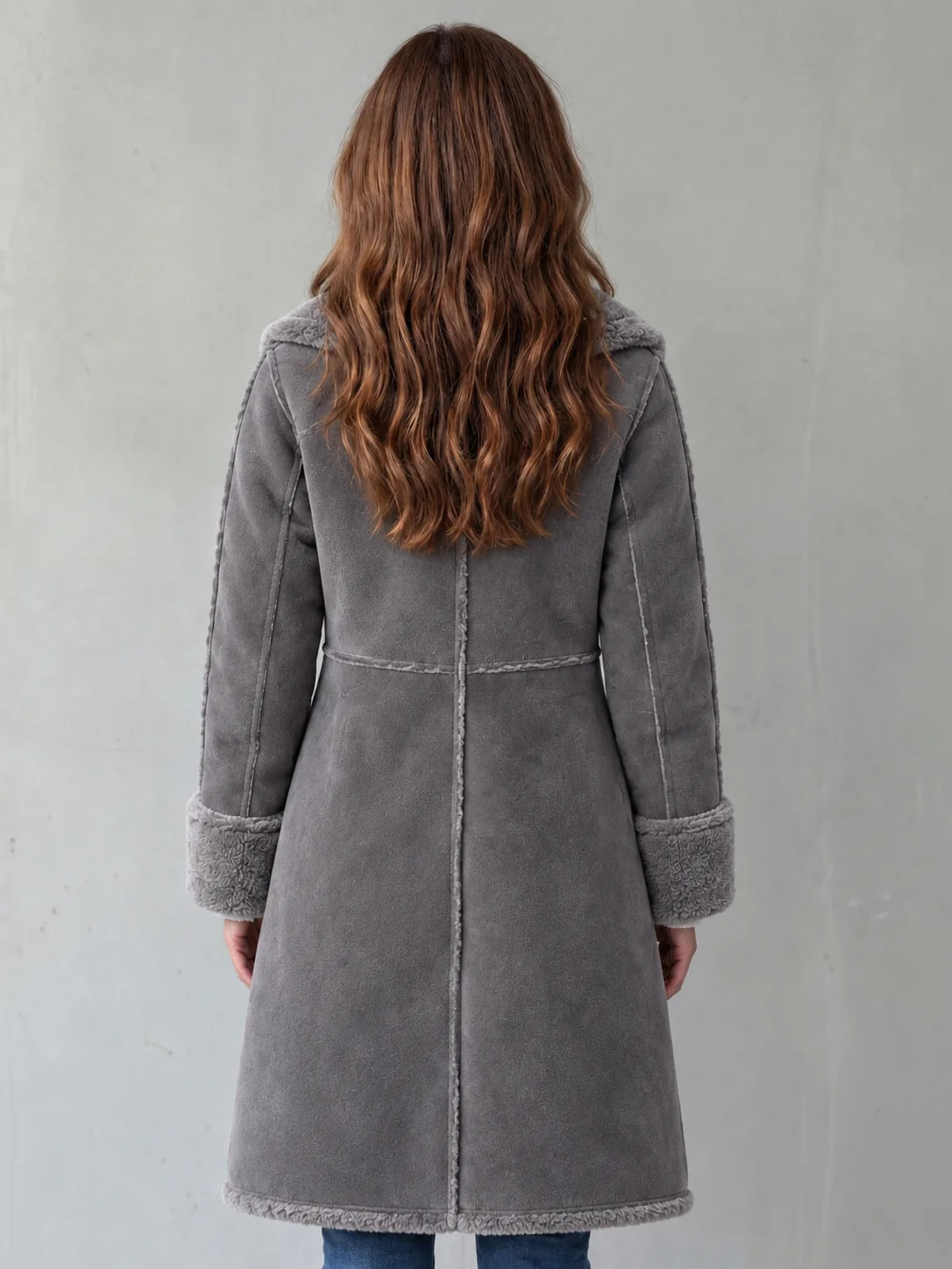 Plush Lapel Long Coat in Gray