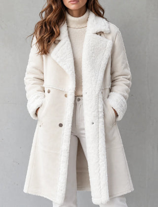 Plush Lapel Long Coat in Cream