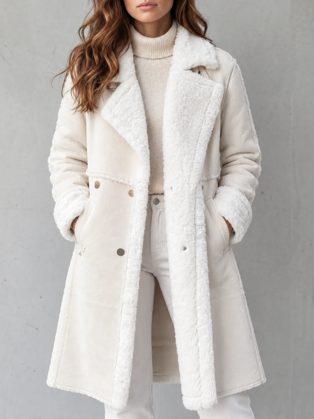 Plush Lapel Long Coat in Cream