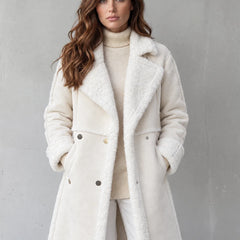 Plush Lapel Long Coat in Cream
