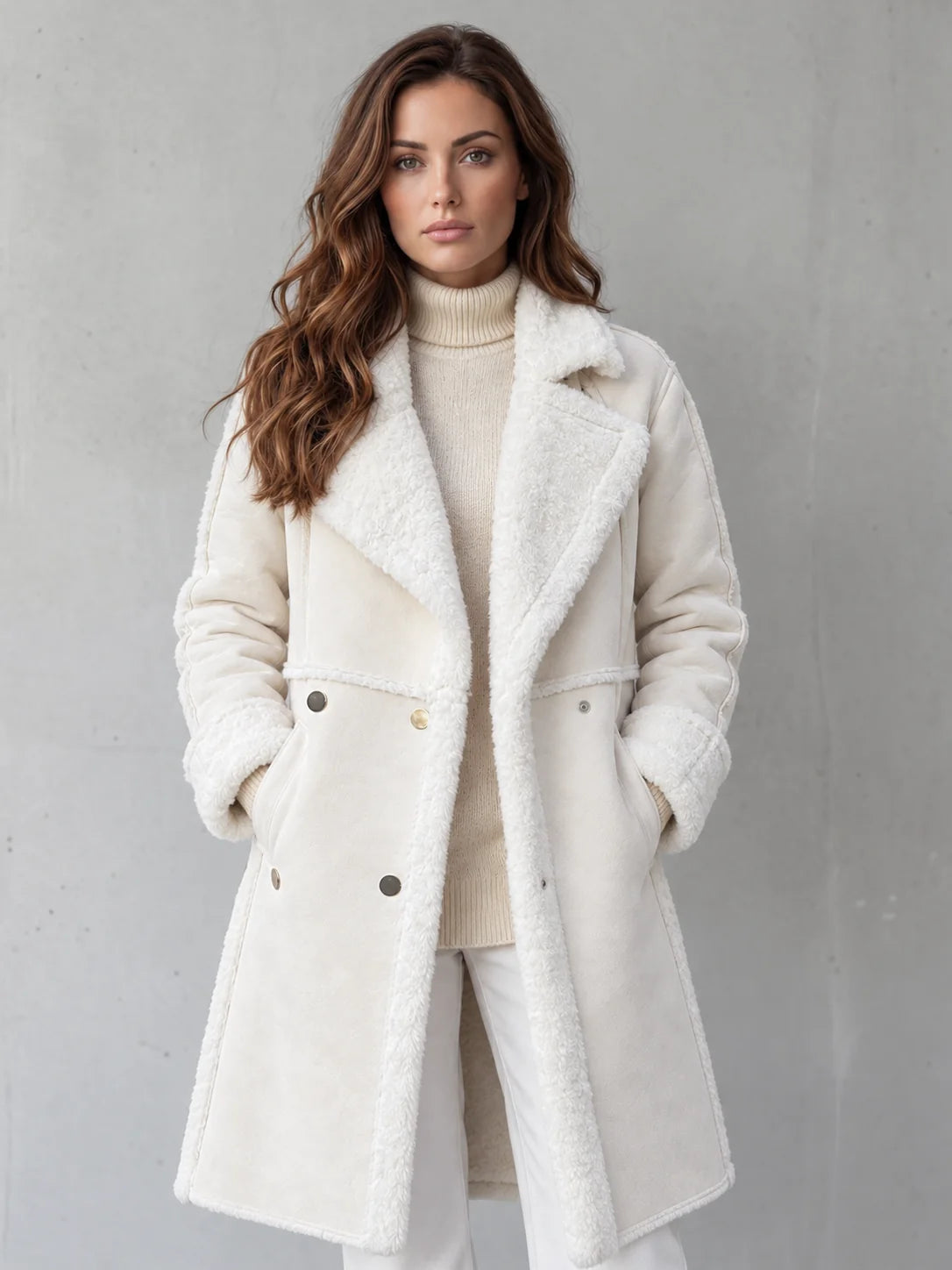 Plush Lapel Long Coat in Cream
