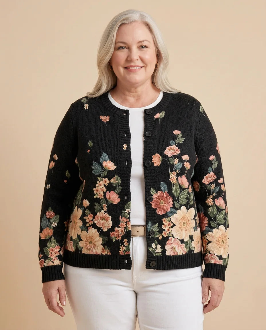 Vintage Floral Button Cardigan worn by a woman with curves
