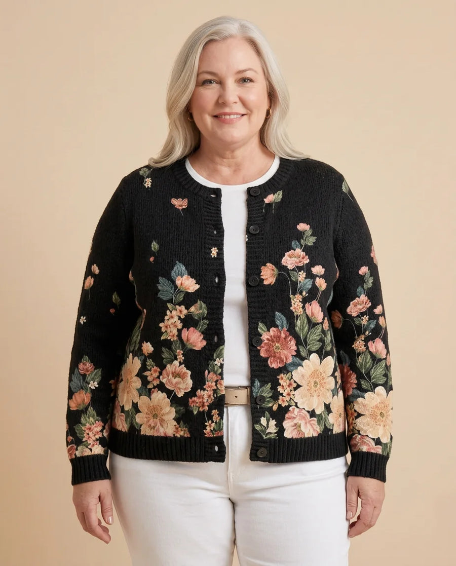 Vintage Floral Button Cardigan worn by a woman with curves