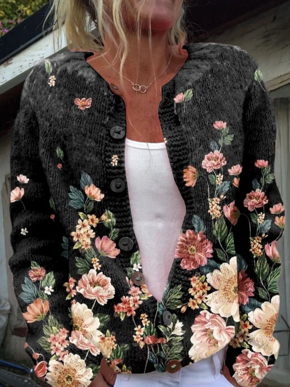 Vintage Floral Button Cardigan in Black Floral