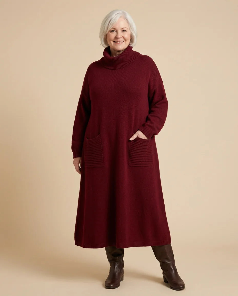 Turtleneck Sweater Maxi Dress with Pockets worn by a woman with curves