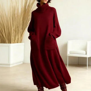 Turtleneck Sweater Maxi Dress with Pockets in Burgundy