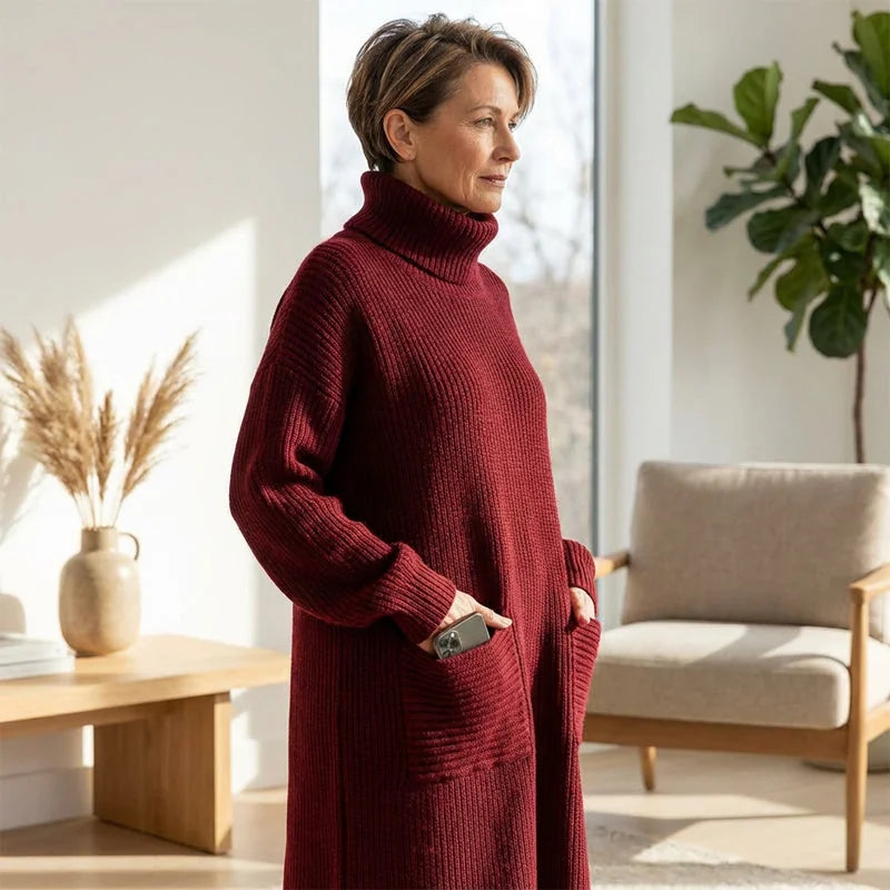 Turtleneck Sweater Maxi Dress with Pockets in Burgundy