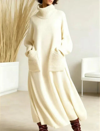 Turtleneck Sweater Maxi Dress with Pockets in Cream