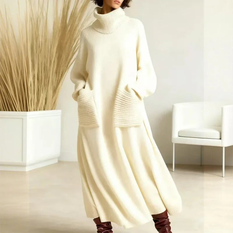 Turtleneck Sweater Maxi Dress with Pockets in Cream