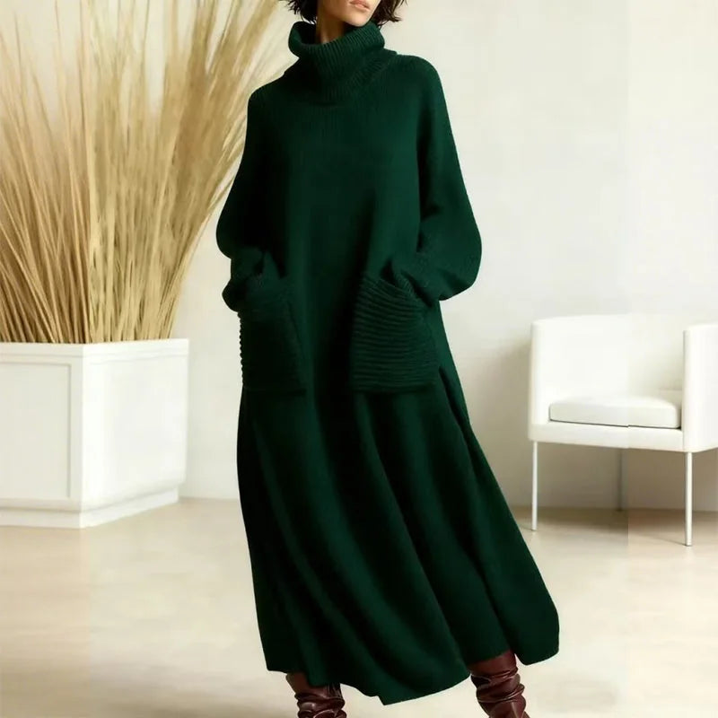 Turtleneck Sweater Maxi Dress with Pockets in Forest Green
