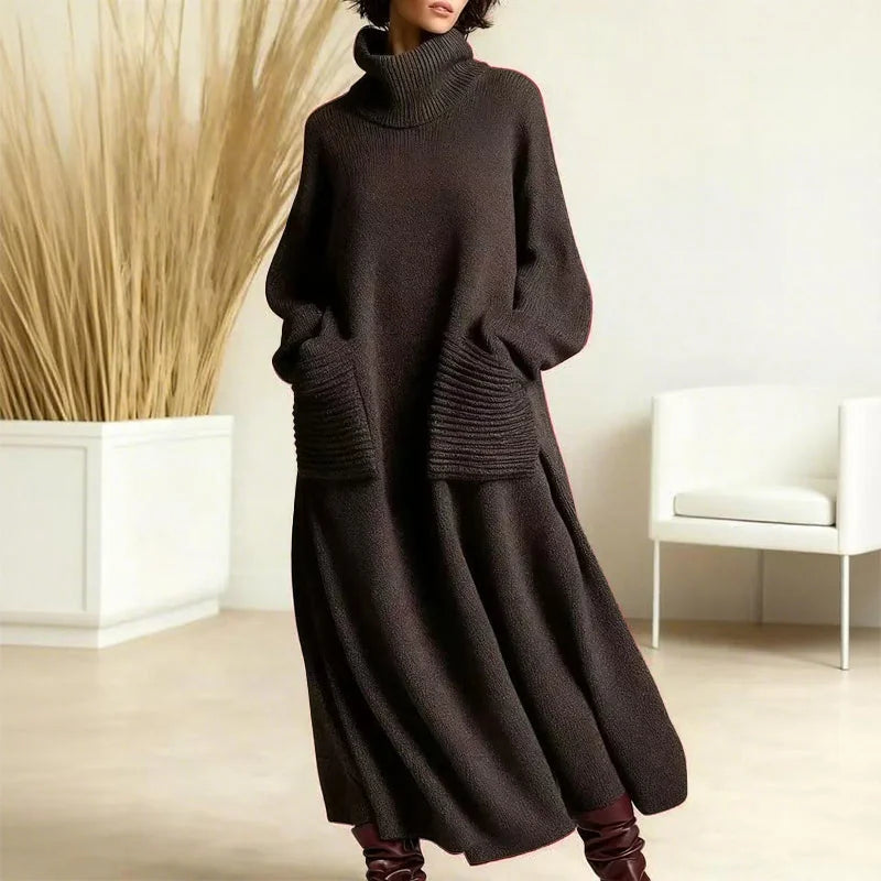 Turtleneck Sweater Maxi Dress with Pockets in Charcoal
