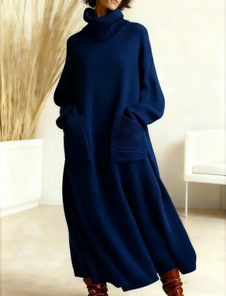 Turtleneck Sweater Maxi Dress with Pockets in Navy