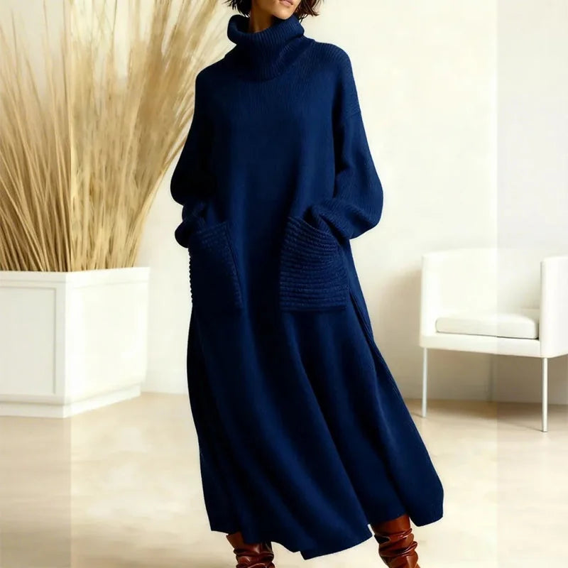 Turtleneck Sweater Maxi Dress with Pockets in Navy