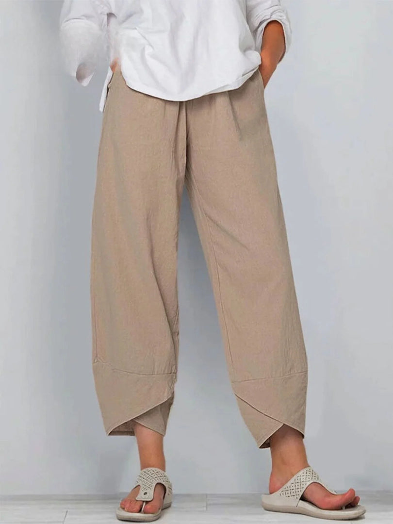 Khaki Bryndis | Cotton Linen Wide-Leg Pants for Women | Summer Casual