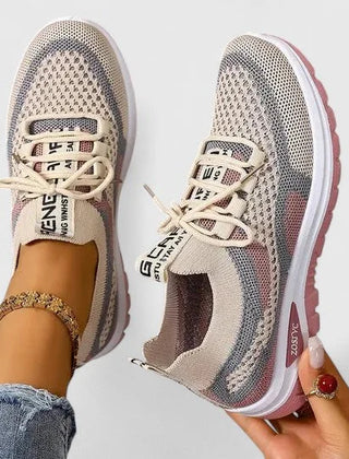 Breathable Mesh Walking Sneakers in Beige & Pink