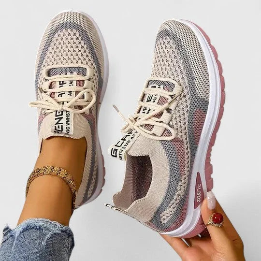 Breathable Mesh Walking Sneakers in Beige & Pink