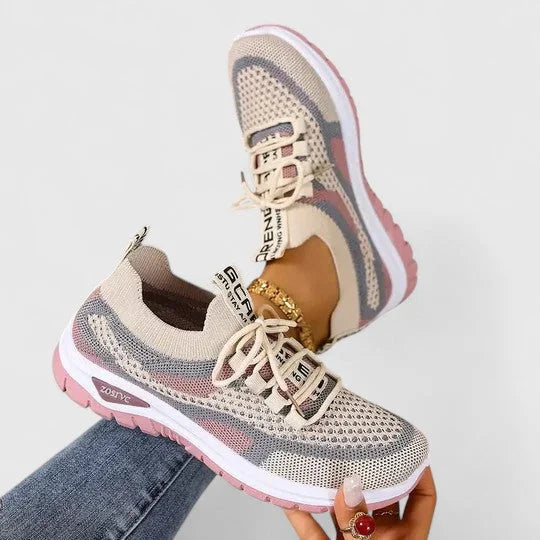 Breathable Mesh Walking Sneakers in Beige & Pink