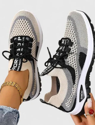 Breathable Mesh Walking Sneakers in Beige & Black