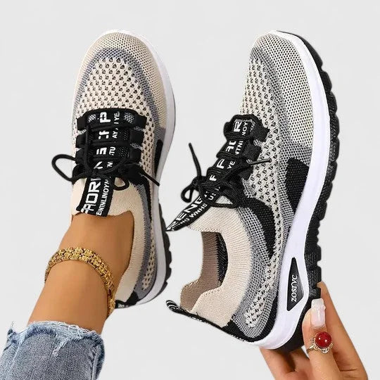 Breathable Mesh Walking Sneakers in Beige & Black