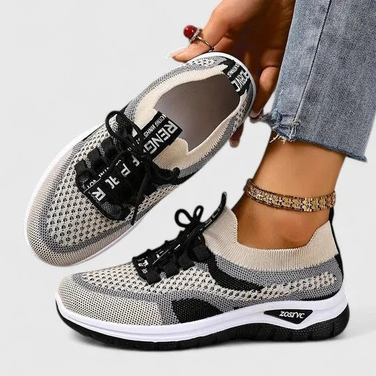 Breathable Mesh Walking Sneakers in Beige & Black