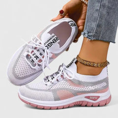 Breathable Mesh Walking Sneakers in White & Pink
