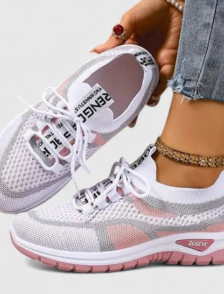 Breathable Mesh Walking Sneakers in White & Pink