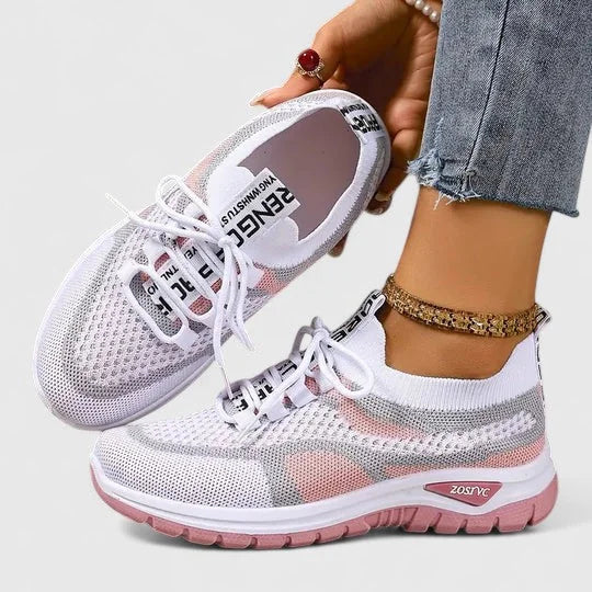 Breathable Mesh Walking Sneakers in White & Pink