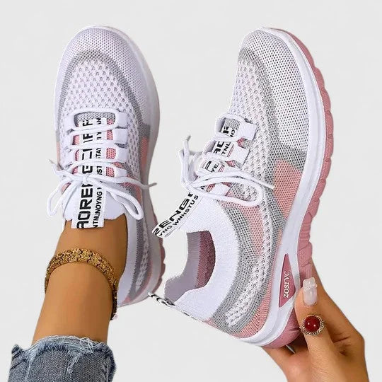 Breathable Mesh Walking Sneakers in White & Pink
