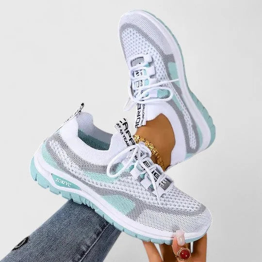 Breathable Mesh Walking Sneakers in White & Turquoise