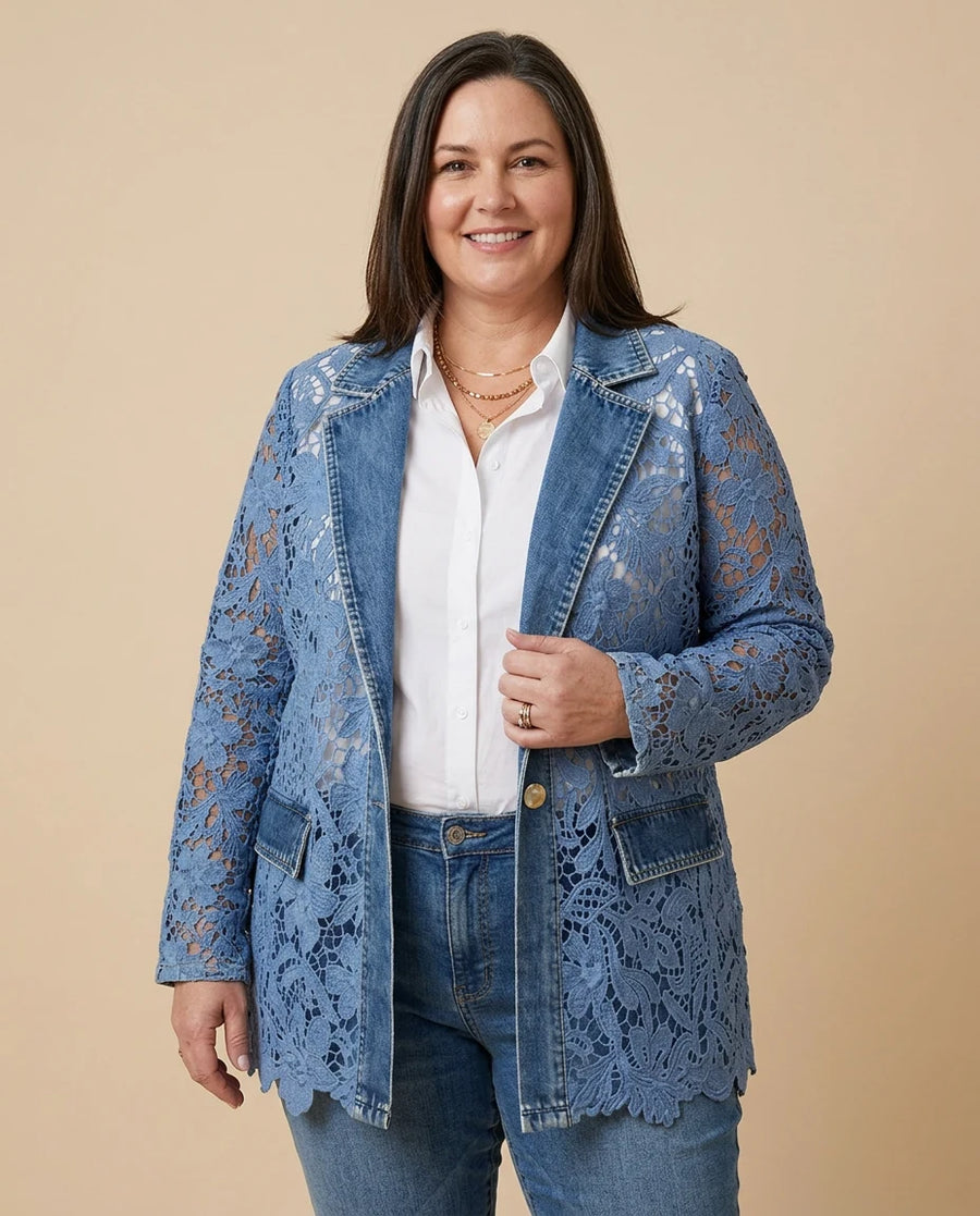 Lacinda™ | Blazer Jacket with Floral Lace Paneling worn by a woman with curves