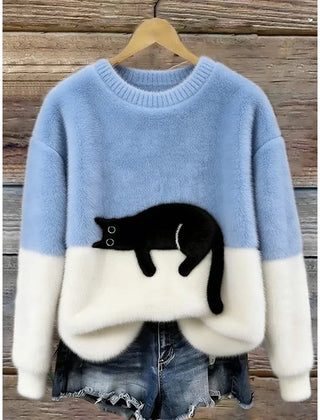 Lina Relaxed Cat Print Sweater in Light Blue