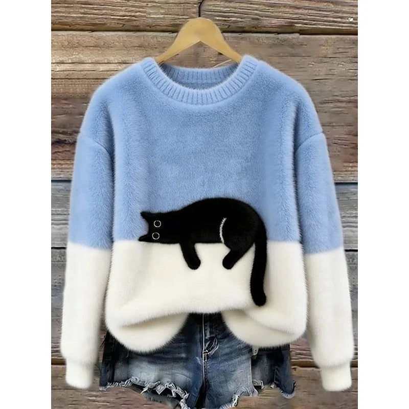 Lina Relaxed Cat Print Sweater in Light Blue