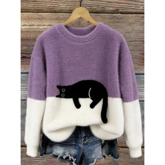 Lina Relaxed Cat Print Sweater in Lilac