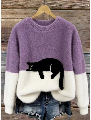 Lina Relaxed Cat Print Sweater in Lilac