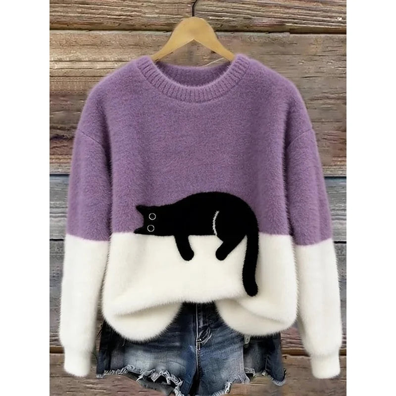 Lina Relaxed Cat Print Sweater in Lilac