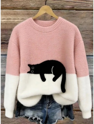 Lina Relaxed Cat Print Sweater in Pink