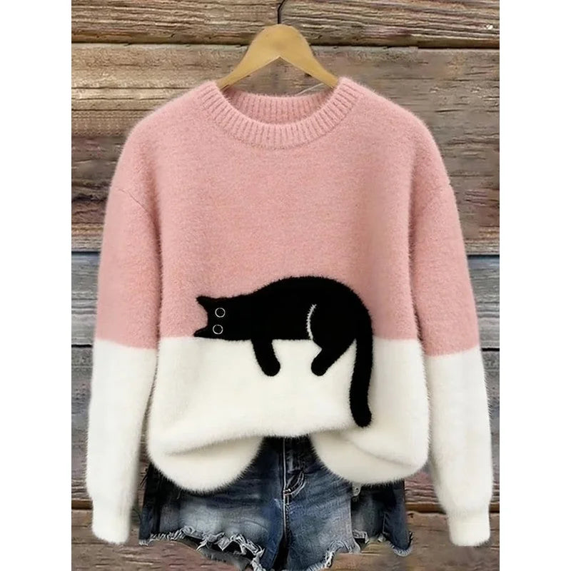 Lina Relaxed Cat Print Sweater in Pink