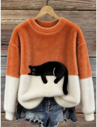 Lina Relaxed Cat Print Sweater in Orange