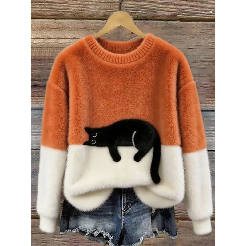 Lina Relaxed Cat Print Sweater in Orange
