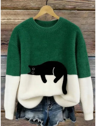 Lina Relaxed Cat Print Sweater in Green