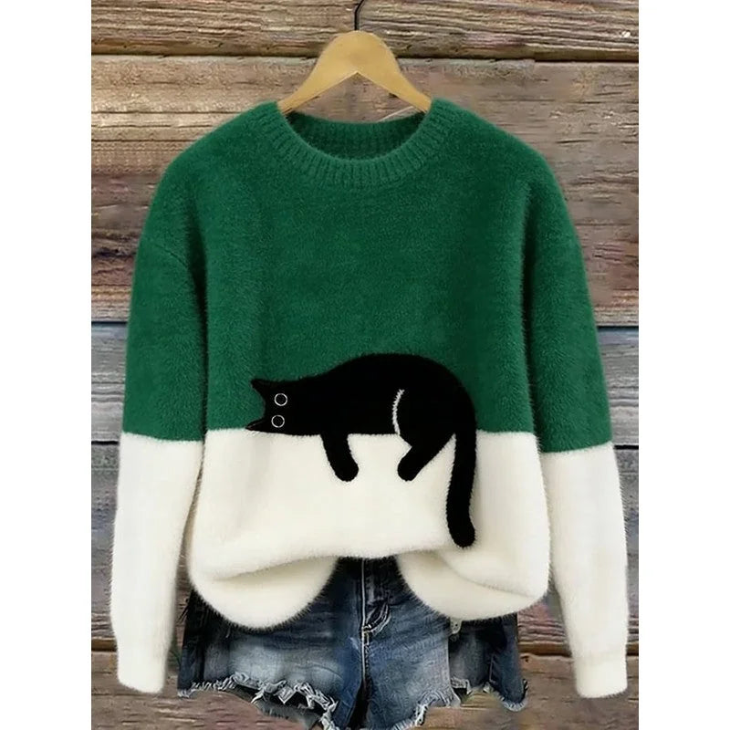 Lina Relaxed Cat Print Sweater in Green