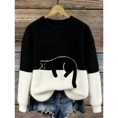Lina Relaxed Cat Print Sweater in Black