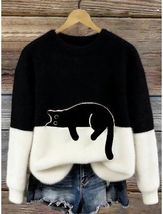 Lina Relaxed Cat Print Sweater in Black