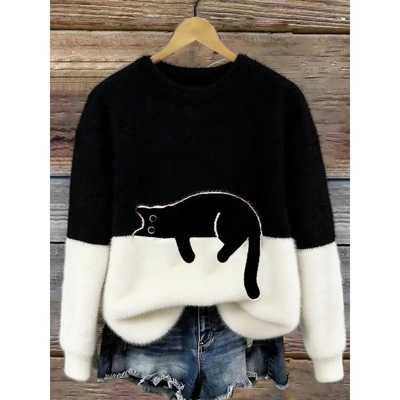 Lina Relaxed Cat Print Sweater in Black