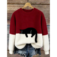 Lina Relaxed Cat Print Sweater in Wine Red